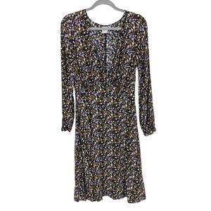 ICHI Calissa Long Sleeve Floral Midi Dress Black Purple Viscose XS